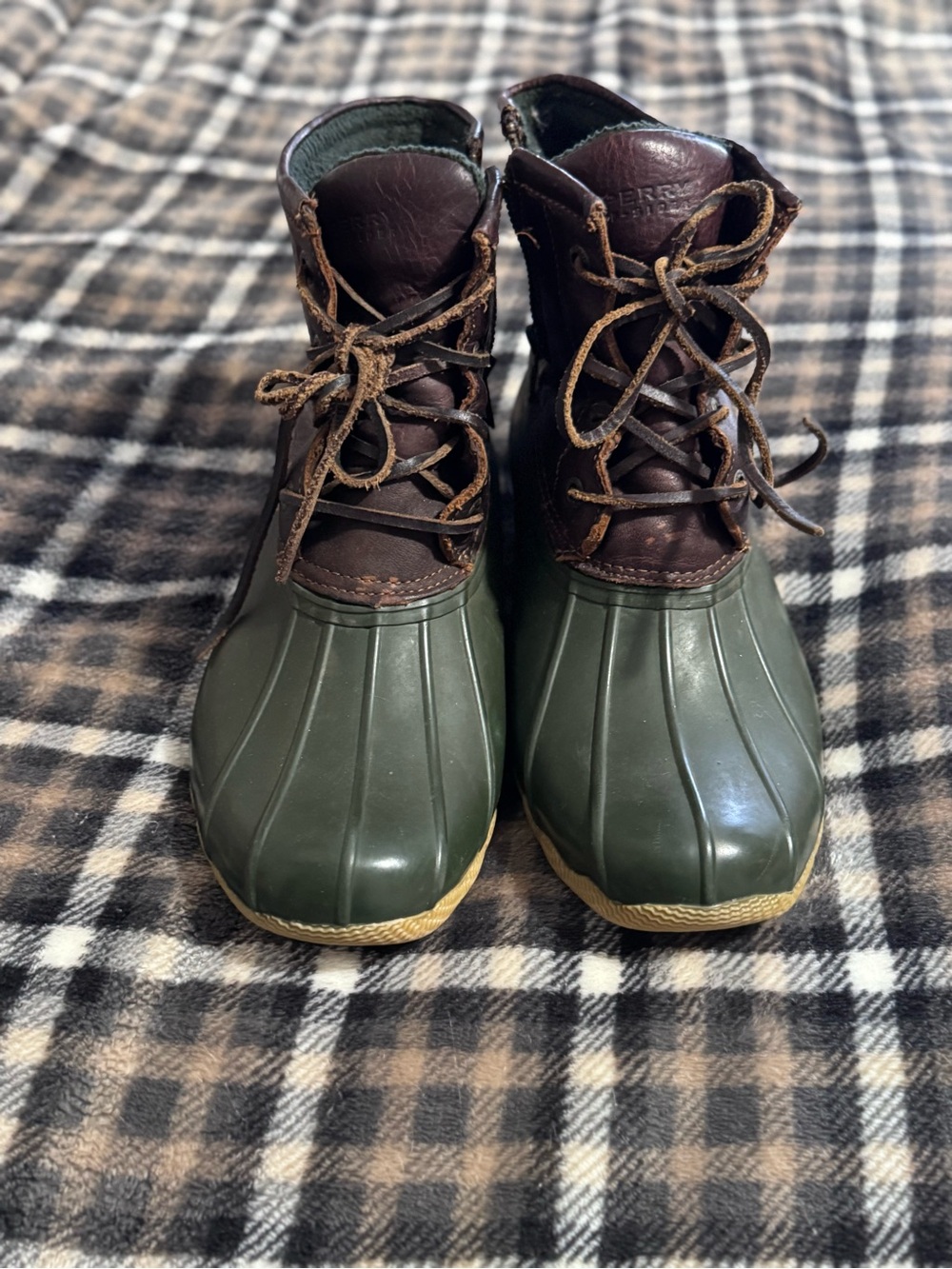 Women's Sperry Waterproof Duck Boots in Green and Brown
